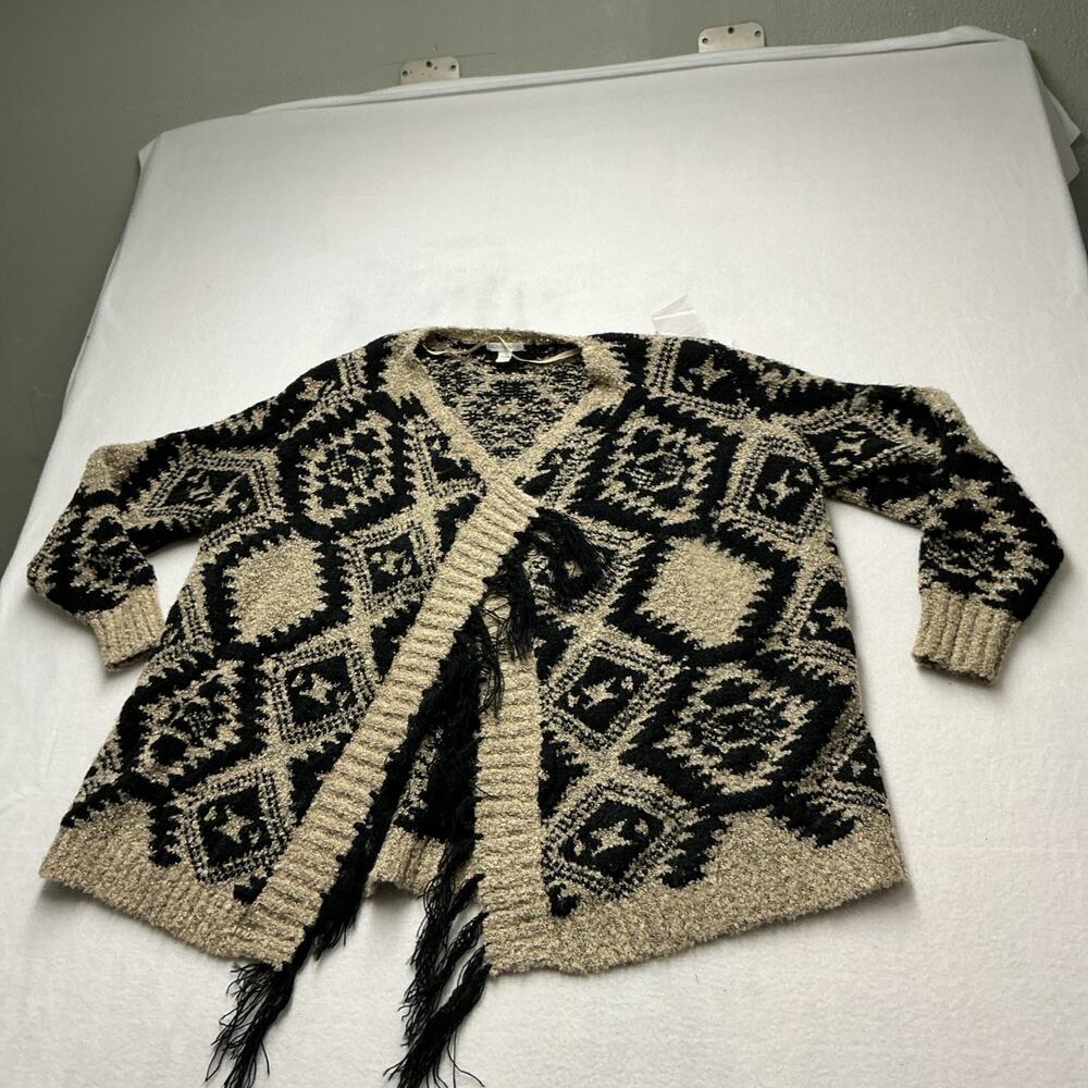 Cato Womens Sz 18/20W Black Tan Geometric Fringe OpenFront Cardigan Sweater3968